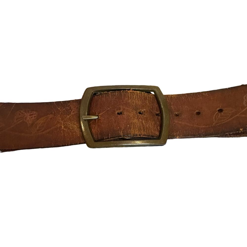 Brown Leather Unbranded Etched Design Men's Belt sz 38 - Picture 1 of 9
